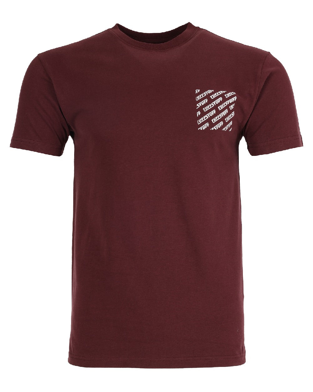 Burgundy coloured TuffStuff Logo T-Shirt on white background 